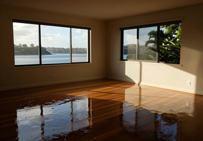 Flooded living room in Rodd Point before restoration